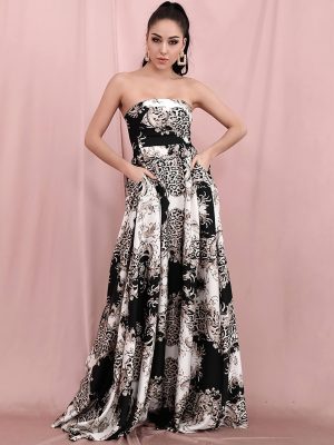 Printed Strapless Dress with Pockets