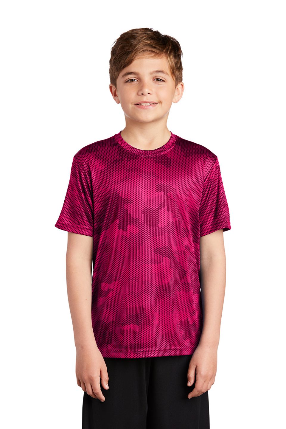 Youth CamoHex Moisture Wicking Short Sleeve Crewneck T-Shirt - Raspberry Pink - Closeout
