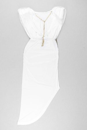 Cap-Sleeve V-Back Chain Detail Asymmetrical Dress